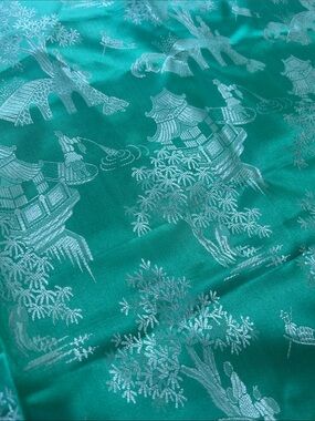 Antique Turquoise Asian-Inspired Jacquard ticking Fabric vintage